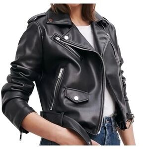 EUC Zara Classic  Faux Vegan Leather Bike Moto Black Full Zip Jacket Medium